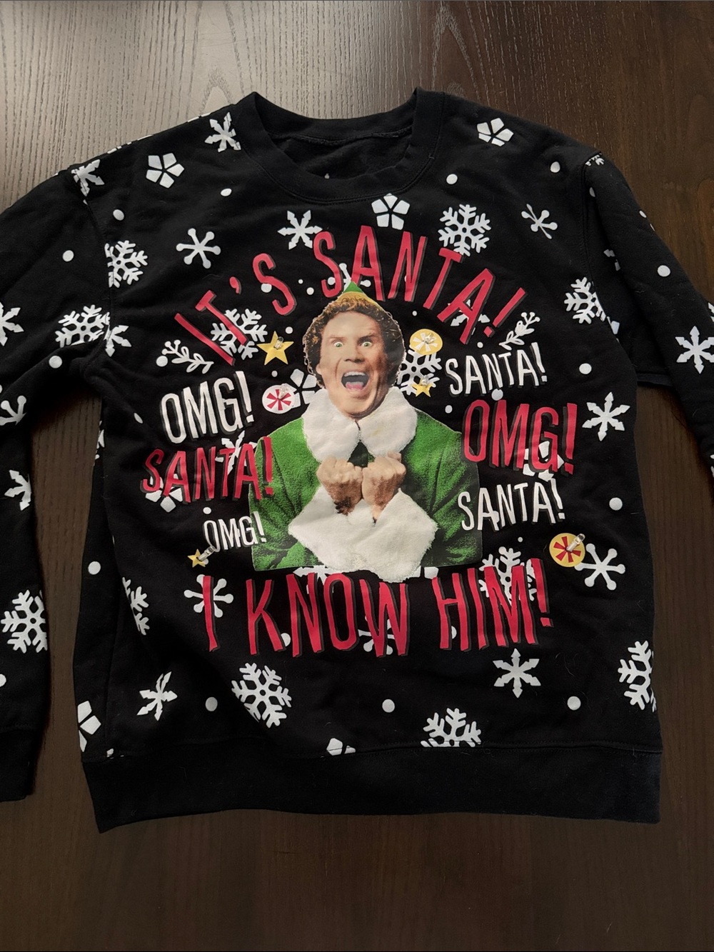 ELF Black Crewneck Sweater with Green Elf Graphic and Red Lettering